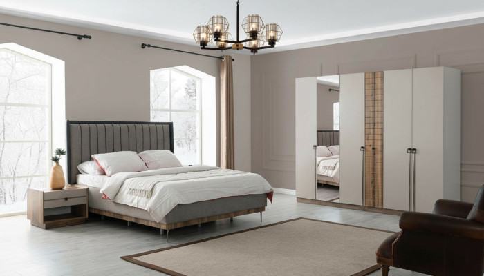 Chambre Suite moderne Textile Lit double Bois Armoire 4 pièces