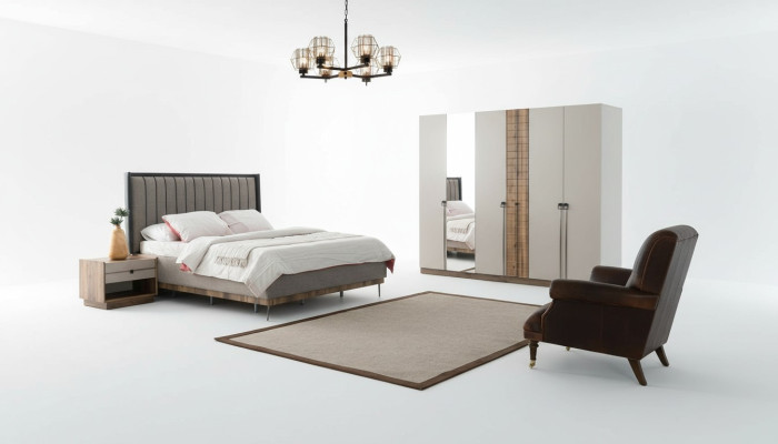 Chambre Suite moderne Textile Lit double Bois Armoire 4 pièces
