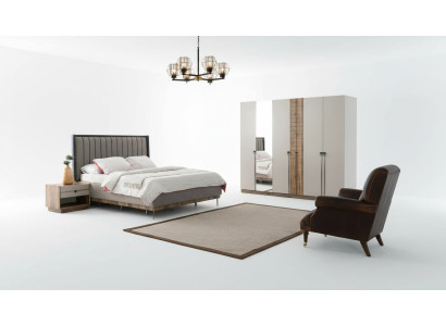 Chambre Suite moderne Textile Lit double Bois Armoire 4 pièces