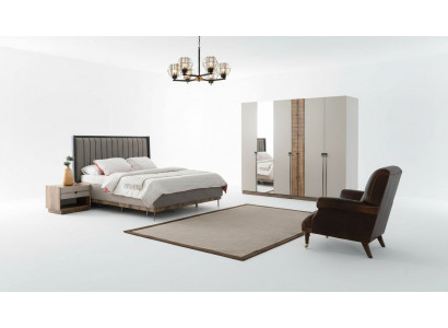 Chambre Suite moderne Textile Lit double Bois Armoire 4 pièces