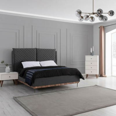 Chambre Suite Noir Lit double Blanc 2x Tables de chevet en bois