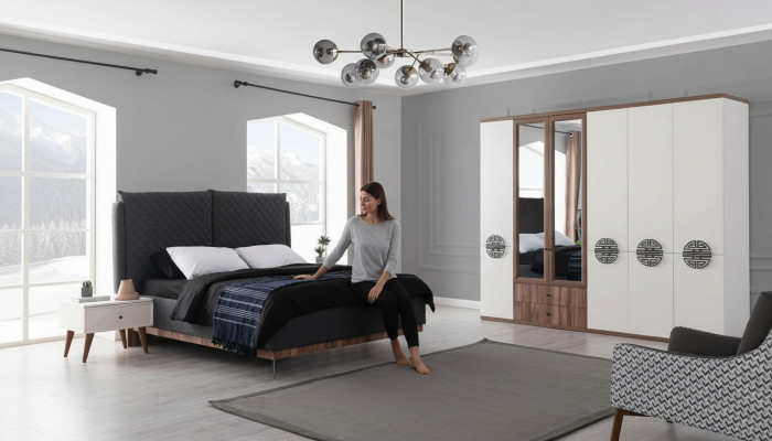 Ensemble de chambre moderne Lit double Designer Armoire Tables de chevet