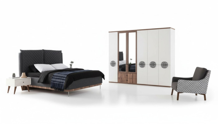 Ensemble de chambre moderne Lit double Designer Armoire Tables de chevet