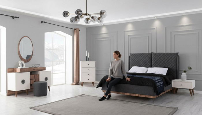Ensemble de chambre noir et blanc Lit design Coiffeuse Commode 6 pièces