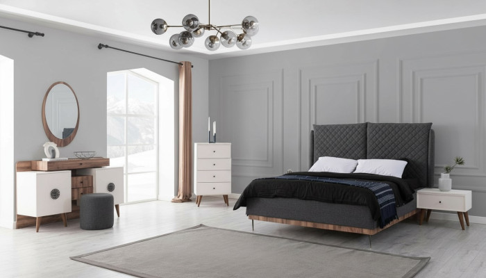 Ensemble de chambre noir et blanc Lit design Coiffeuse Commode 6 pièces