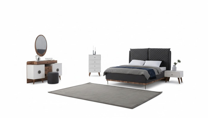 Ensemble de chambre noir et blanc Lit design Coiffeuse Commode 6 pièces