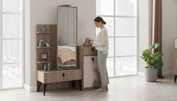 Chambre de Luxe Moderne Commode avec Miroir Mobilier Moderne en Bois Neuf