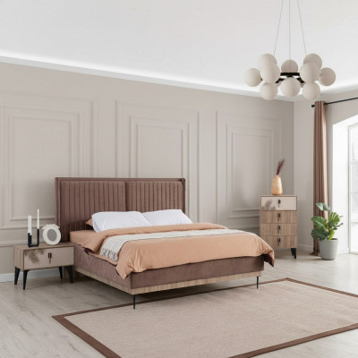 Ensemble de chambre marron Lit double Rembourrage 2x Tables de chevet en bois Commode
