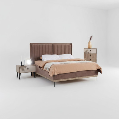 Ensemble de chambre marron Lit double Rembourrage 2x Tables de chevet en bois Commode