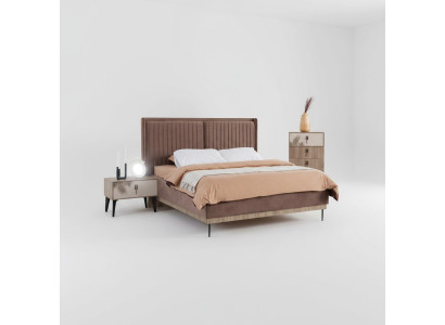 Ensemble de chambre marron Lit double Rembourrage 2x Tables de chevet en bois Commode