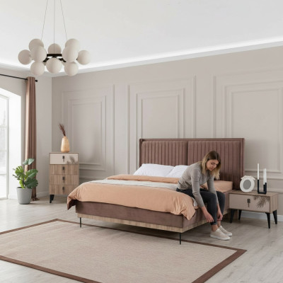 Chambre marron Lit double Designer Bois Moderne 2x Tables de chevet