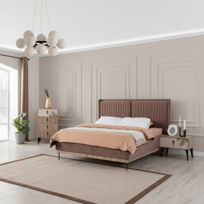 Chambre marron Lit double Designer Bois Moderne 2x Tables de chevet