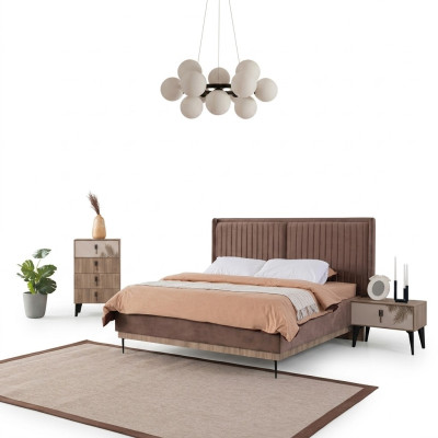 Chambre marron Lit double Designer Bois Moderne 2x Tables de chevet