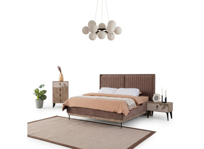 Chambre marron Lit double Designer Bois Moderne 2x Tables de chevet