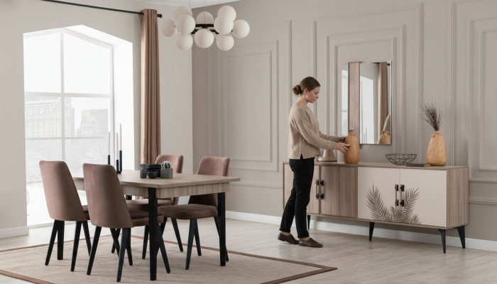 Salle à manger marron Ensemble de luxe Table à manger 4x Chaises Buffet Miroir
