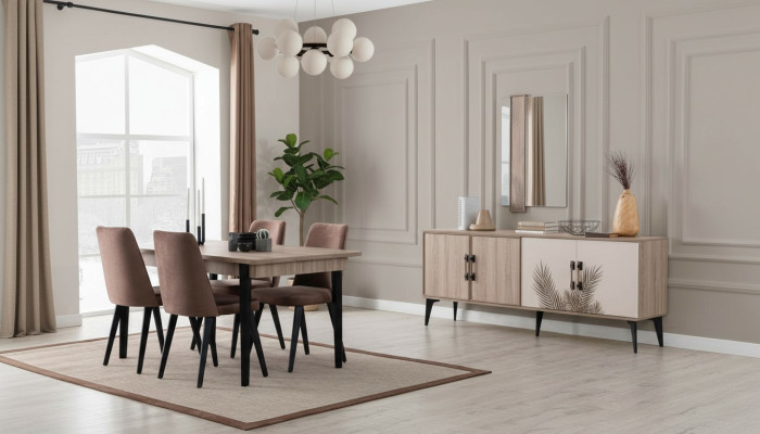 Salle à manger marron Ensemble de luxe Table à manger 4x Chaises Buffet Miroir