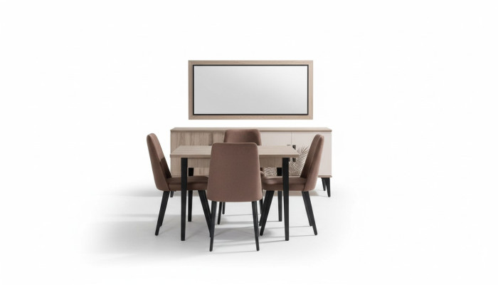 Salle à manger marron Ensemble de luxe Table à manger 4x Chaises Buffet Miroir