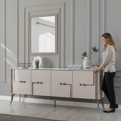 Ensemble de salle à manger moderne avec buffet design à 4 portes, miroir de luxe en 2 parties.