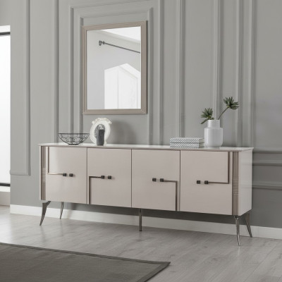 Ensemble de salle à manger moderne avec buffet design à 4 portes, miroir de luxe en 2 parties.