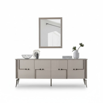 Ensemble de salle à manger moderne avec buffet design à 4 portes, miroir de luxe en 2 parties.