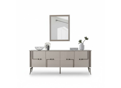 Ensemble de salle à manger moderne avec buffet design à 4 portes, miroir de luxe en 2 parties.