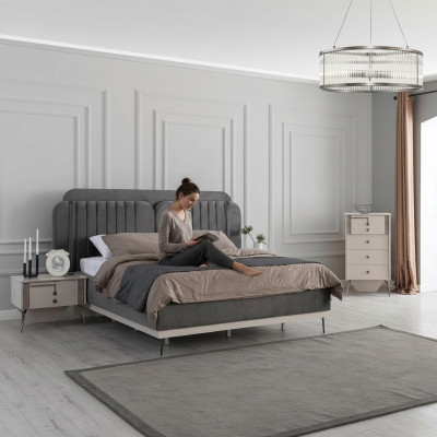 Chambre moderne Ensemble gris Lit double 2x Tables de chevet design 3 pièces