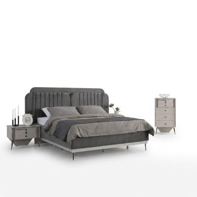 Chambre moderne Ensemble gris Lit double 2x Tables de chevet design 3 pièces