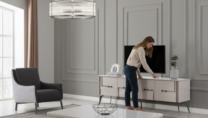 Armoire télé beige, table basse designer, salon de luxe en bois, mobilier de 2 pièces