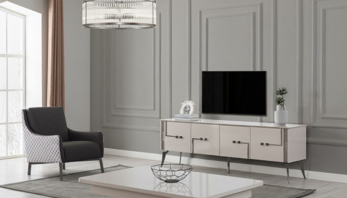 Armoire télé beige, table basse designer, salon de luxe en bois, mobilier de 2 pièces
