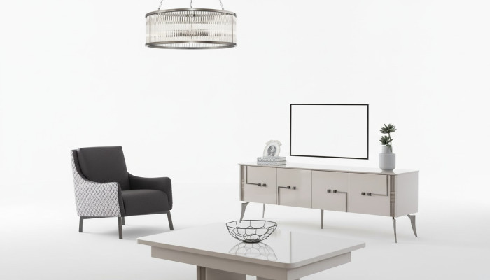 Armoire télé beige, table basse designer, salon de luxe en bois, mobilier de 2 pièces