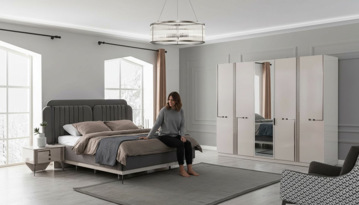 Ensemble de chambre moderne Lit double Table de chevet Armoire de luxe