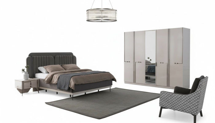 Ensemble de chambre moderne Lit double Table de chevet Armoire de luxe