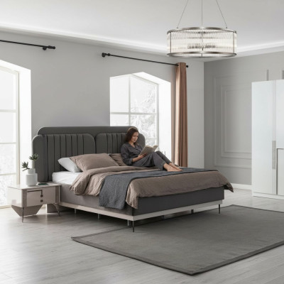 Lit double gris Mobilier de chambre moderne Lits de luxe Cadre en bois
