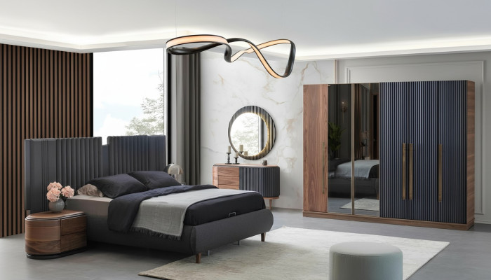 Chambre suite noir - beige concepteur lit double 2x tables de chevet