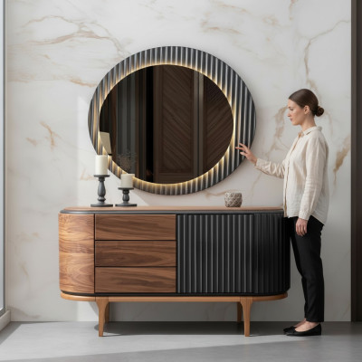 Commode marron avec tiroirs, miroir LED, ensemble de chambre à coucher design