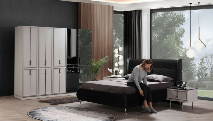 Meubles de chambre à coucher modernes en noir et blanc Lit rembourré Tables de chevet 4 pièces