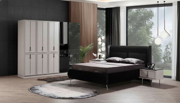 Meubles de chambre à coucher modernes en noir et blanc Lit rembourré Tables de chevet 4 pièces