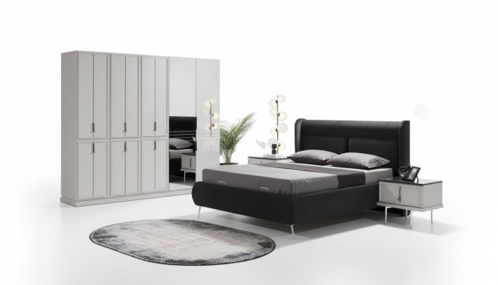Meubles de chambre à coucher modernes en noir et blanc Lit rembourré Tables de chevet 4 pièces