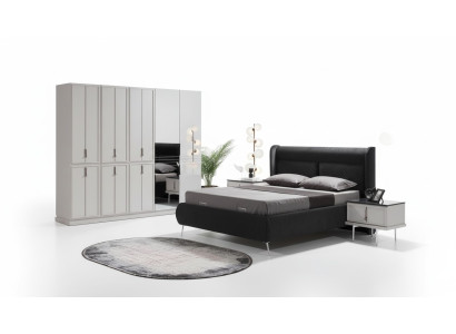 Meubles de chambre à coucher modernes en noir et blanc Lit rembourré Tables de chevet 4 pièces