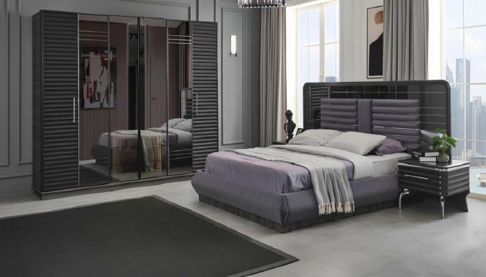 Lit rembourré Tables de chevet en bois Armoire Ensemble de chambre à coucher design