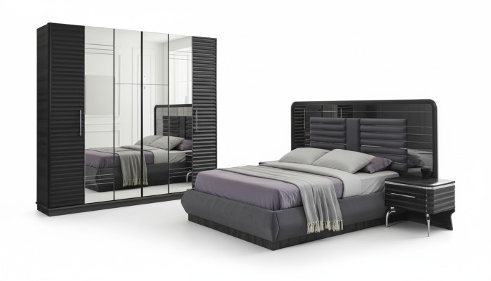 Lit rembourré Tables de chevet en bois Armoire Ensemble de chambre à coucher design