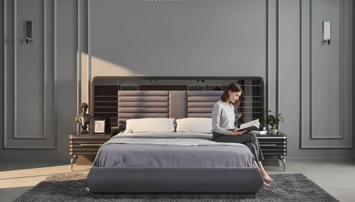 Ensemble de chambre grise Lit double 2x Tables de chevet avec tiroirs