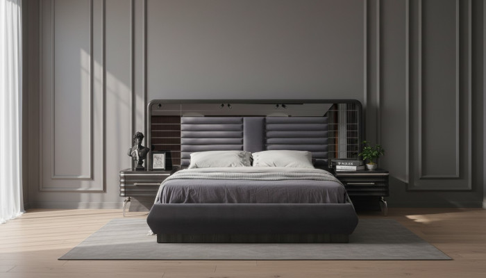 Ensemble de chambre grise Lit double 2x Tables de chevet avec tiroirs