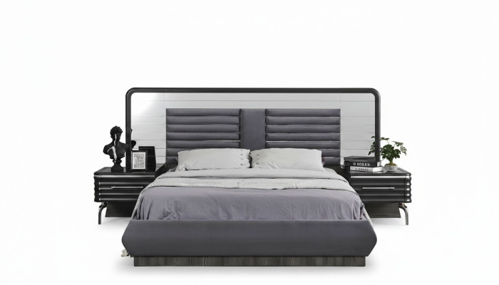 Ensemble de chambre grise Lit double 2x Tables de chevet avec tiroirs