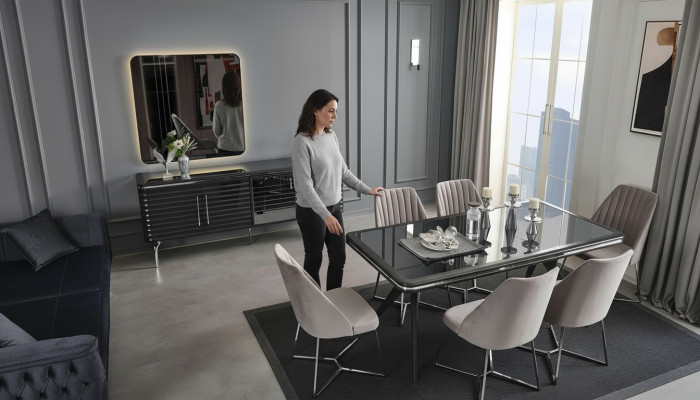 Meubles de salle à manger complets Buffet de designer Table à manger de luxe 4x chaises