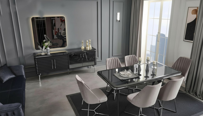 Meubles de salle à manger complets Buffet de designer Table à manger de luxe 4x chaises