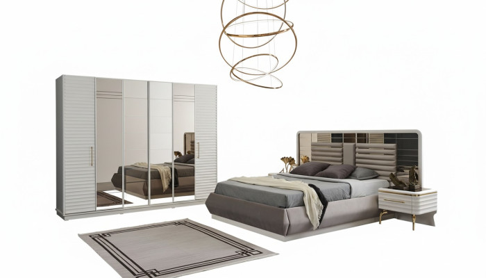 Lit double moderne 2 tables de chevet armoire ensemble de chambre à coucher 4 pièces
