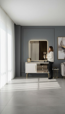 Élégant ensemble de chambre à coucher en blanc avec commode ronde à LED, 2 pièces