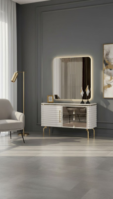 Élégant ensemble de chambre à coucher en blanc avec commode ronde à LED, 2 pièces