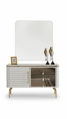 Élégant ensemble de chambre à coucher en blanc avec commode ronde à LED, 2 pièces